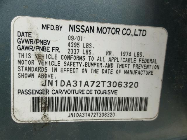 JN1DA31A72T306320 - 2002 NISSAN MAXIMA GLE BLUE photo 10