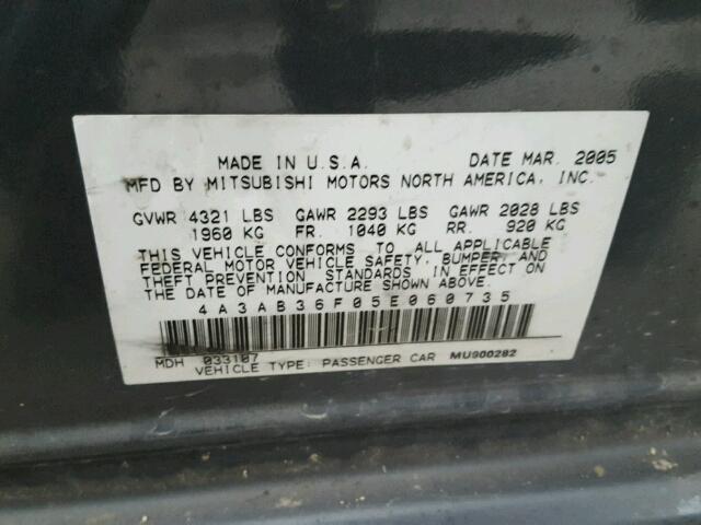 4A3AB36F05E060735 - 2005 MITSUBISHI GALANT ES GRAY photo 10