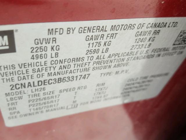 2CNALDEC3B6331747 - 2011 CHEVROLET EQUINOX LT RED photo 10