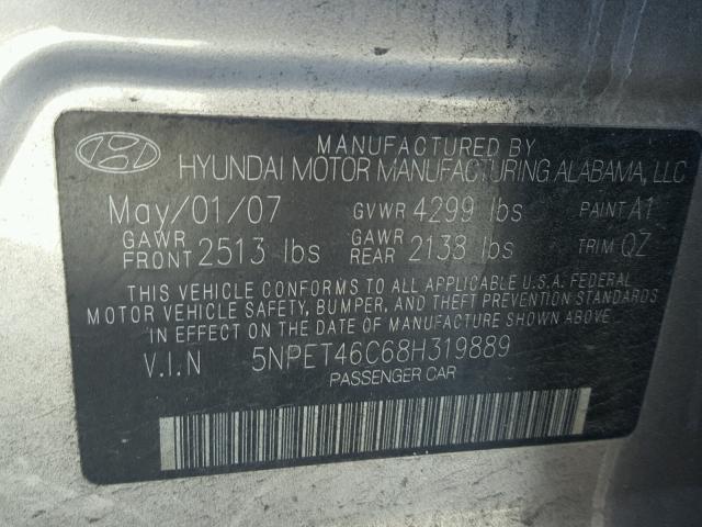 5NPET46C68H319889 - 2008 HYUNDAI SONATA GOLD photo 10