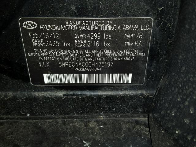 5NPEC4AC0CH475197 - 2012 HYUNDAI SONATA SE BLACK photo 10