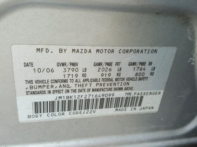 JM1BK12F271649099 - 2007 MAZDA 3 I SILVER photo 10