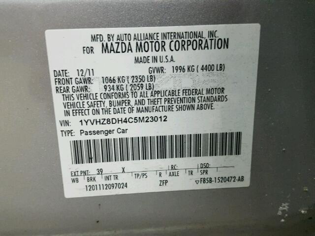 1YVHZ8DH4C5M23012 - 2012 MAZDA 6 I SILVER photo 10