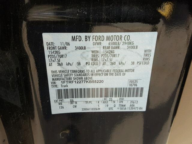 1FTRF12277KB55220 - 2007 FORD F150 BLACK photo 10