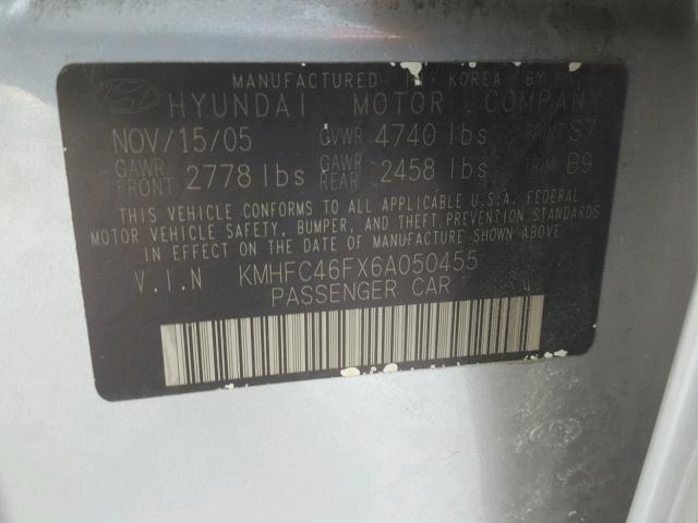 KMHFC46FX6A050455 - 2006 HYUNDAI AZERA SE SILVER photo 10