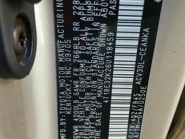 4T1BE32K26U118459 - 2006 TOYOTA CAMRY LE ოქროსფერი ფოტო 10