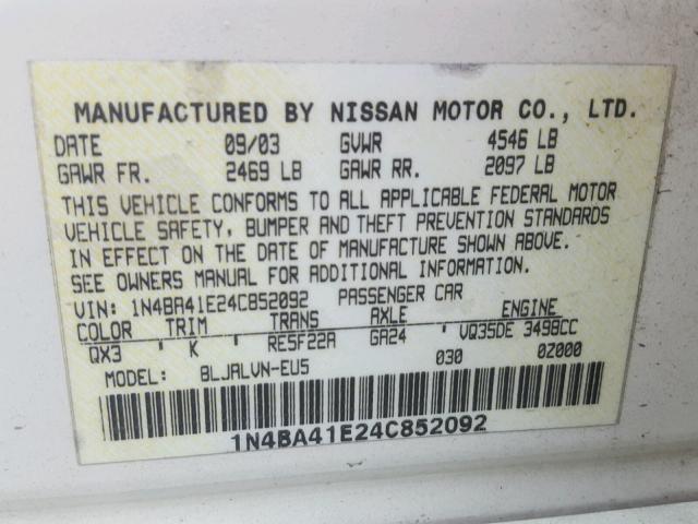 1N4BA41E24C852092 - 2004 NISSAN MAXIMA SE WHITE photo 10