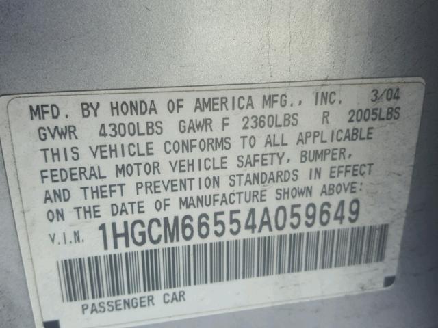 1HGCM66554A059649 - 2004 HONDA ACCORD EX SILVER photo 10