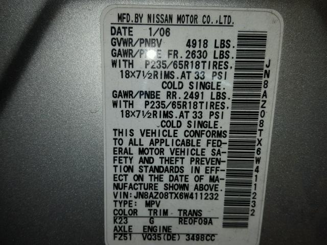 JN8AZ08TX6W411232 - 2006 NISSAN MURANO SL SILVER photo 10