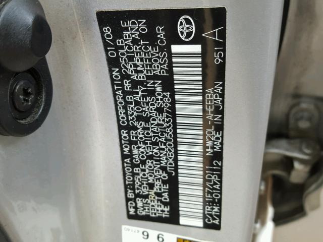 JTDKB20U583377984 - 2008 TOYOTA PRIUS GRAY photo 10