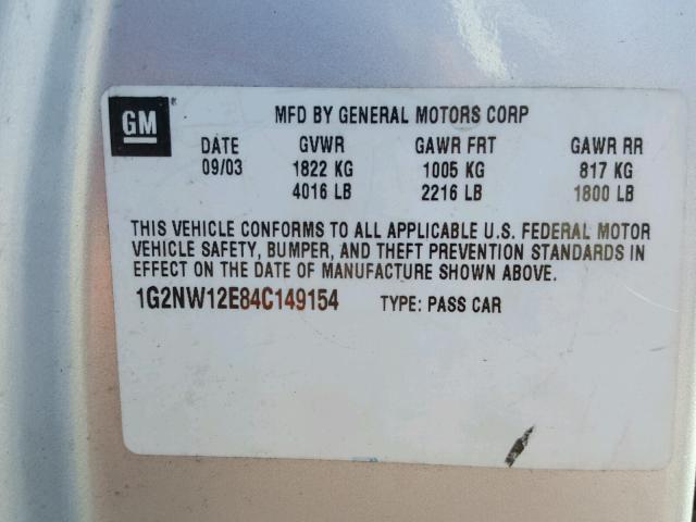 1G2NW12E84C149154 - 2004 PONTIAC GRAND AM G SILVER photo 10