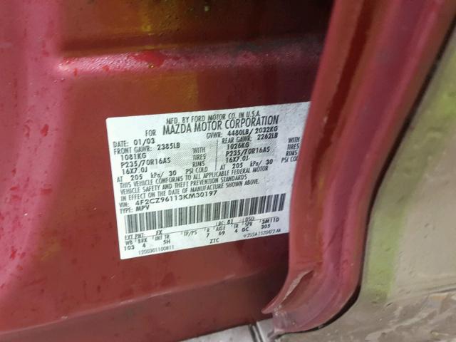 4F2CZ96113KM30197 - 2003 MAZDA TRIBUTE ES BURGUNDY photo 10