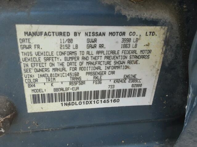 1N4DL01DX1C145160 - 2001 NISSAN ALTIMA XE BLUE photo 10