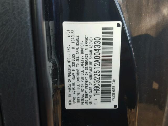 1HGCG22512A004330 - 2002 HONDA ACCORD EX BLACK photo 10