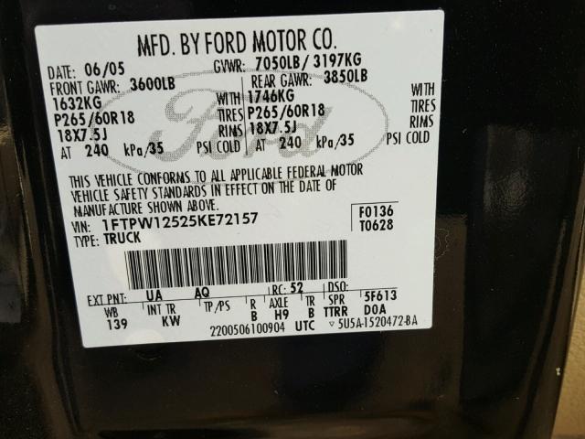 1FTPW12525KE72157 - 2005 FORD F150 SUPER BLACK photo 10