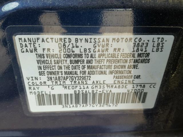 3N1AB7AP7GY329672 - 2016 NISSAN SENTRA S BLUE photo 10