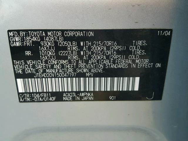 JTEHD20V150047197 - 2005 TOYOTA RAV4 SILVER photo 10