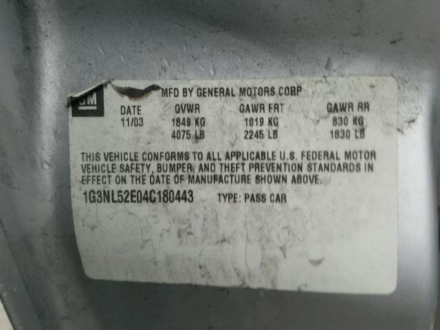 1G3NL52E04C180443 - 2004 OLDSMOBILE ALERO GL SILVER photo 10