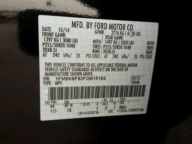 1FM5K8F83FGB15182 - 2015 FORD EXPLORER L BLACK photo 10