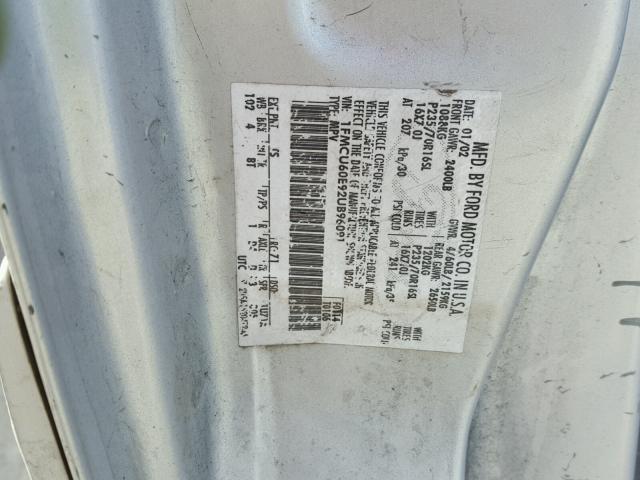 1FMCU60E92UB96091 - 2002 FORD EXPLORER S GRAY photo 10