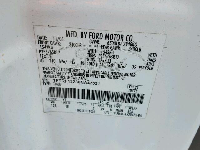 1FTRF12236NA47531 - 2006 FORD F150 WHITE photo 10