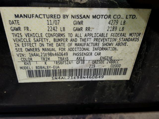 1N4AL21E98N460649 - 2008 NISSAN ALTIMA 2.5 BLACK photo 10