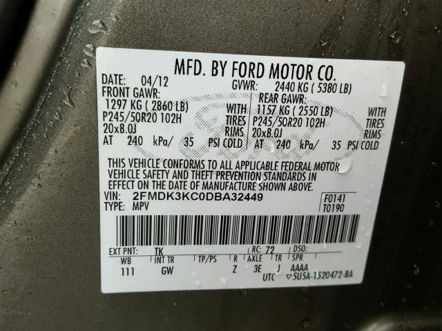 2FMDK3KC0DBA32449 - 2013 FORD EDGE LIMIT GRAY photo 10