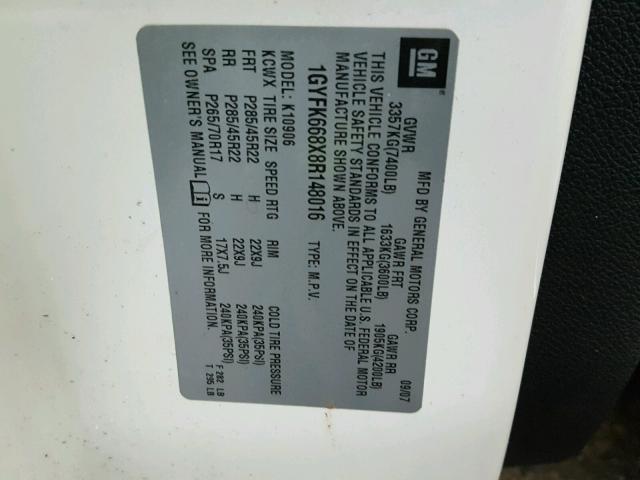 1GYFK668X8R148016 - 2008 CADILLAC ESCALADE E WHITE photo 10