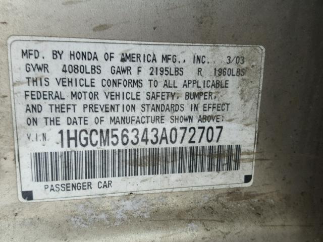 1HGCM56343A072707 - 2003 HONDA ACCORD LX GOLD photo 10