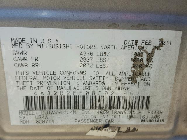 4A32B2FF0BE021962 - 2011 MITSUBISHI GALANT FE SILVER photo 10