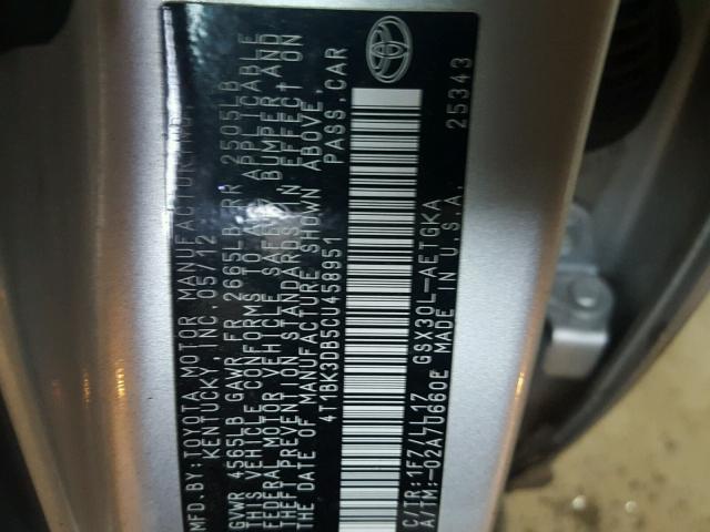 4T1BK3DB5CU458951 - 2012 TOYOTA AVALON BAS SILVER photo 10