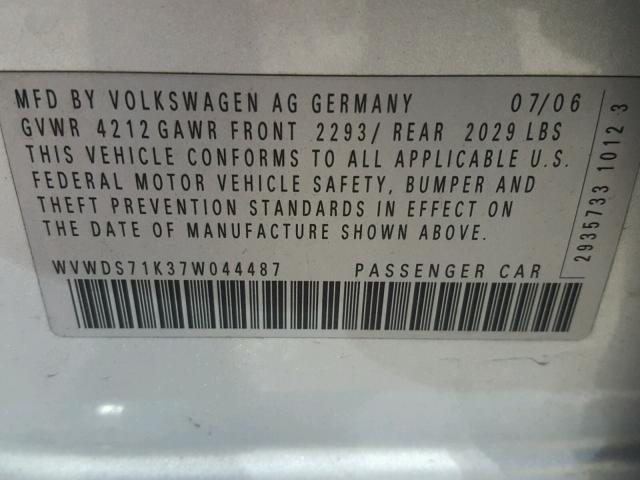 WVWDS71K37W044487 - 2007 VOLKSWAGEN RABBIT SILVER photo 10