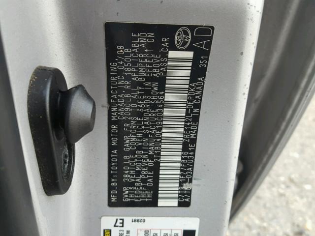 2T1BU40E19C034564 - 2009 TOYOTA COROLLA BA SILVER photo 10