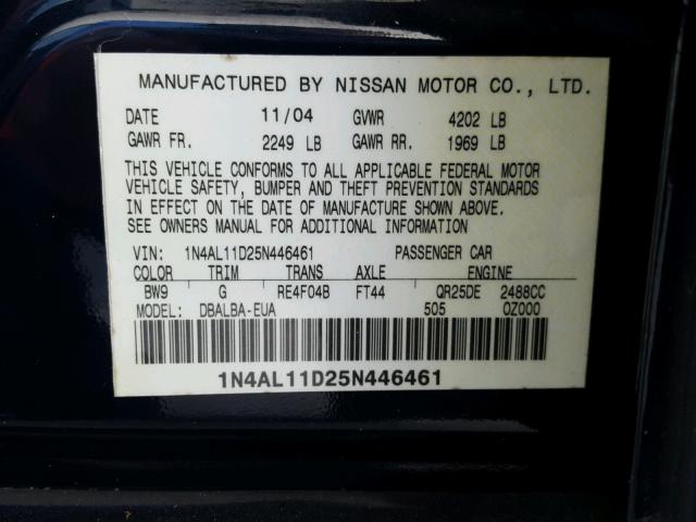 1N4AL11D25N446461 - 2005 NISSAN ALTIMA S BLUE photo 10