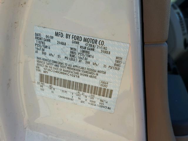 1FMCU49389KC10218 - 2009 FORD ESCAPE HYB WHITE photo 10