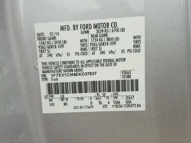 1FTEX1CM4EKD37837 - 2014 FORD F150 SUPER SILVER photo 10