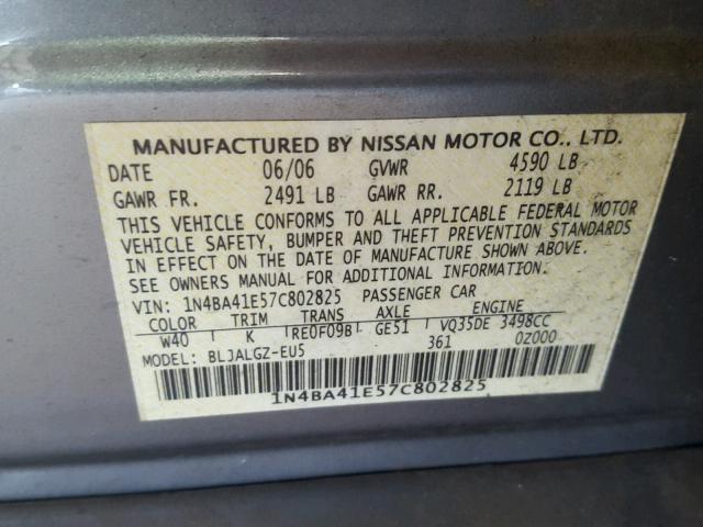 1N4BA41E57C802825 - 2007 NISSAN MAXIMA SE GRAY photo 10