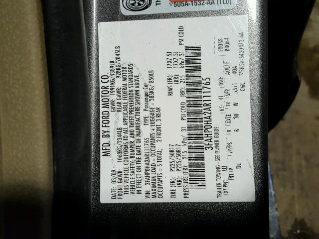 3FAHP0HA2AR111765 - 2010 FORD FUSION SE CHARCOAL photo 10