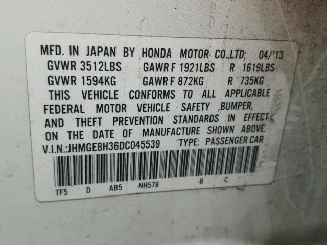 JHMGE8H36DC045539 - 2013 HONDA FIT WHITE photo 10