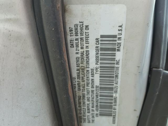 4S3BK4352W6312232 - 1998 SUBARU LEGACY L SILVER photo 10