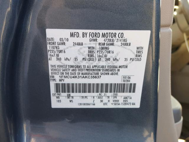 1FMCU4K31AKC35637 - 2010 FORD ESCAPE HYB BLUE photo 10