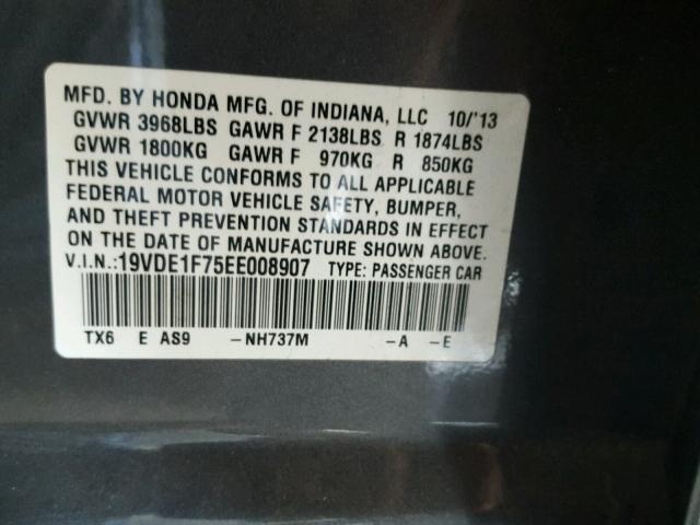 19VDE1F75EE008907 - 2014 ACURA ILX 20 TEC GRAY photo 10