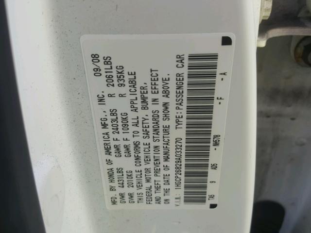 1HGCP26829A033270 - 2009 HONDA ACCORD EXL WHITE photo 10