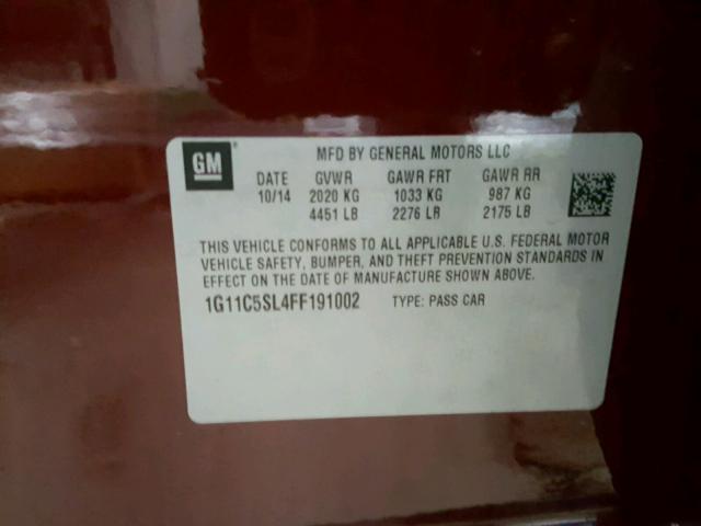 1G11C5SL4FF191002 - 2015 CHEVROLET MALIBU 1LT 勃艮第红 照片 10