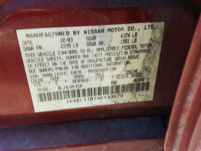 1N4BL11D74C133078 - 2004 NISSAN ALTIMA SE RED photo 10