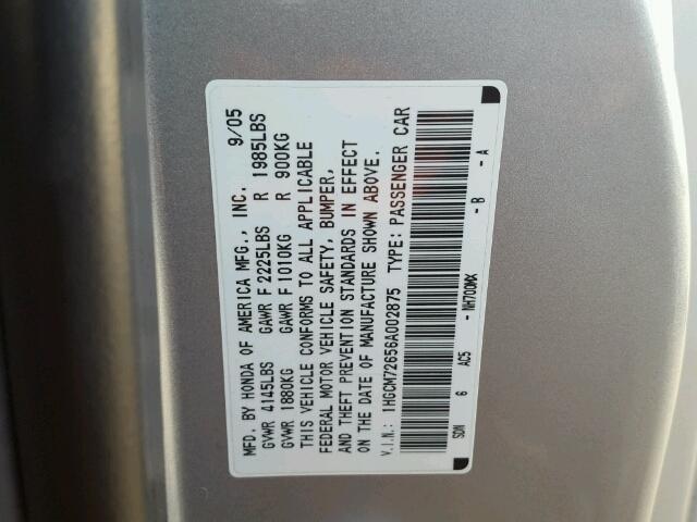 1HGCM72656A002875 - 2006 HONDA ACCORD EX SILVER photo 10