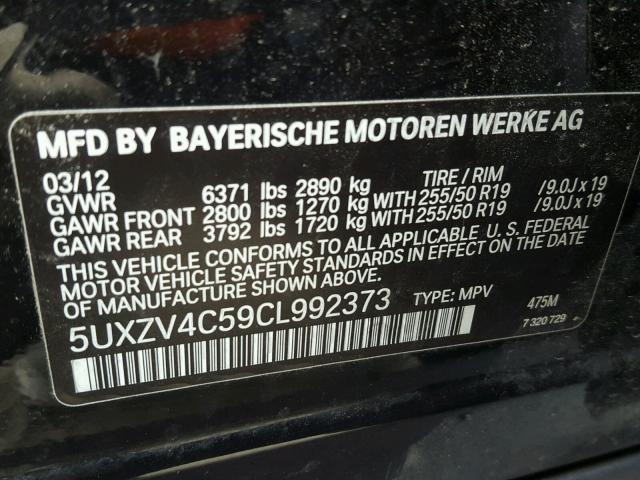 5UXZV4C59CL992373 - 2012 BMW X5 XDRIVE3 BLACK photo 10