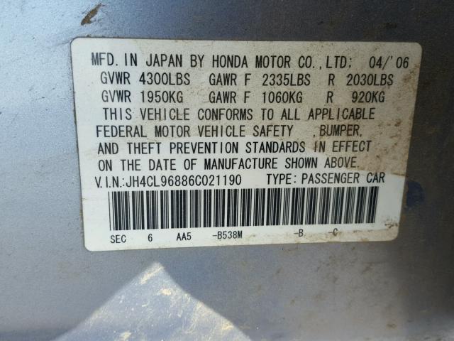 JH4CL96886C021190 - 2006 ACURA TSX BLUE photo 10