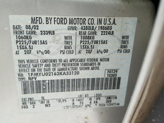 1FMYU02163KA33120 - 2003 FORD ESCAPE XLS GRAY photo 10