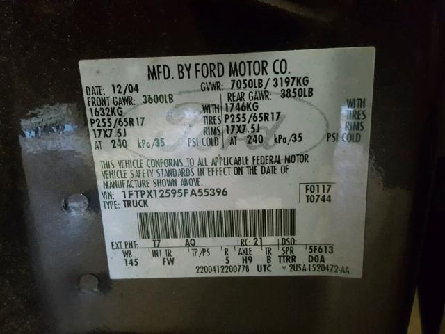 1FTPX12595FA55396 - 2005 FORD F150 GRAY photo 10